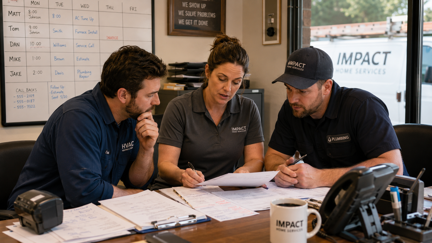 Service team reviewing paperwork and schedules in the office — where missed calls and follow-up gaps can cost opportunities