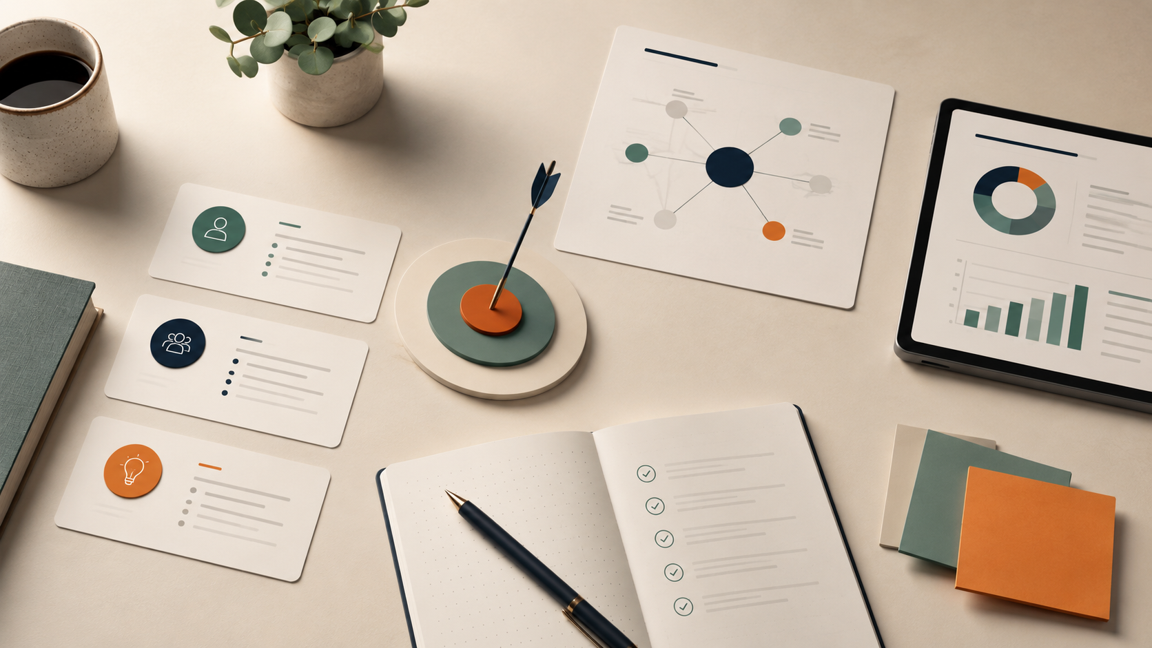Modern flatlay of strategy planning materials, charts, a notebook, and a target symbol representing research, preparation, and thoughtful decision-making