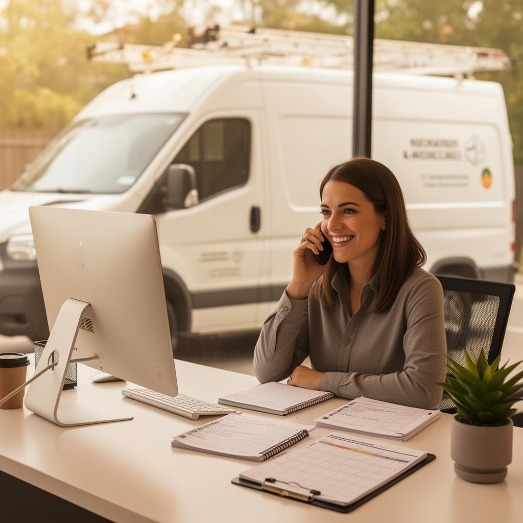 A small service business owner confidently handling customer calls and scheduling appointments in a modern, organized office
