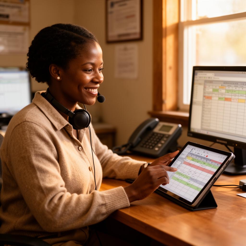 Friendly support specialist at a local service business desk reviewing a scheduling tablet with a headset